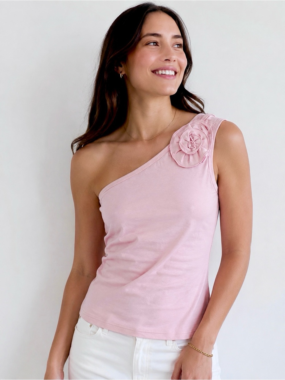 Reformation One-Shoulder Blush Pink Floral Applique Crop Top
